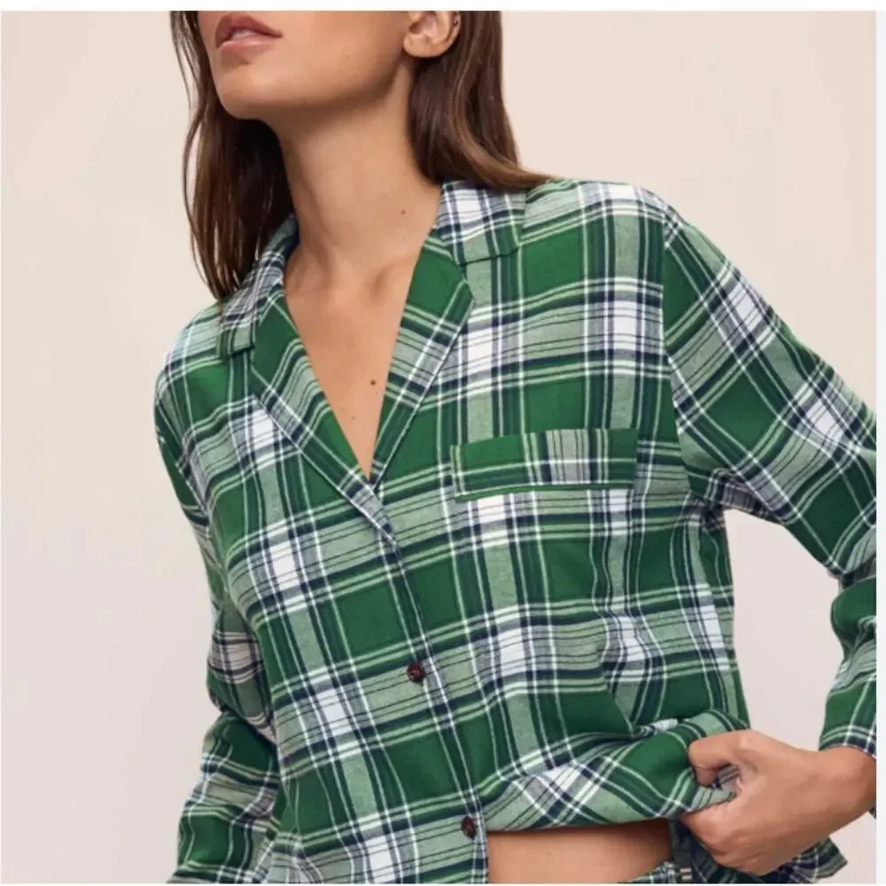 Eberjey Flannel Long Pajama Set Green Plaid Button Down Size Small